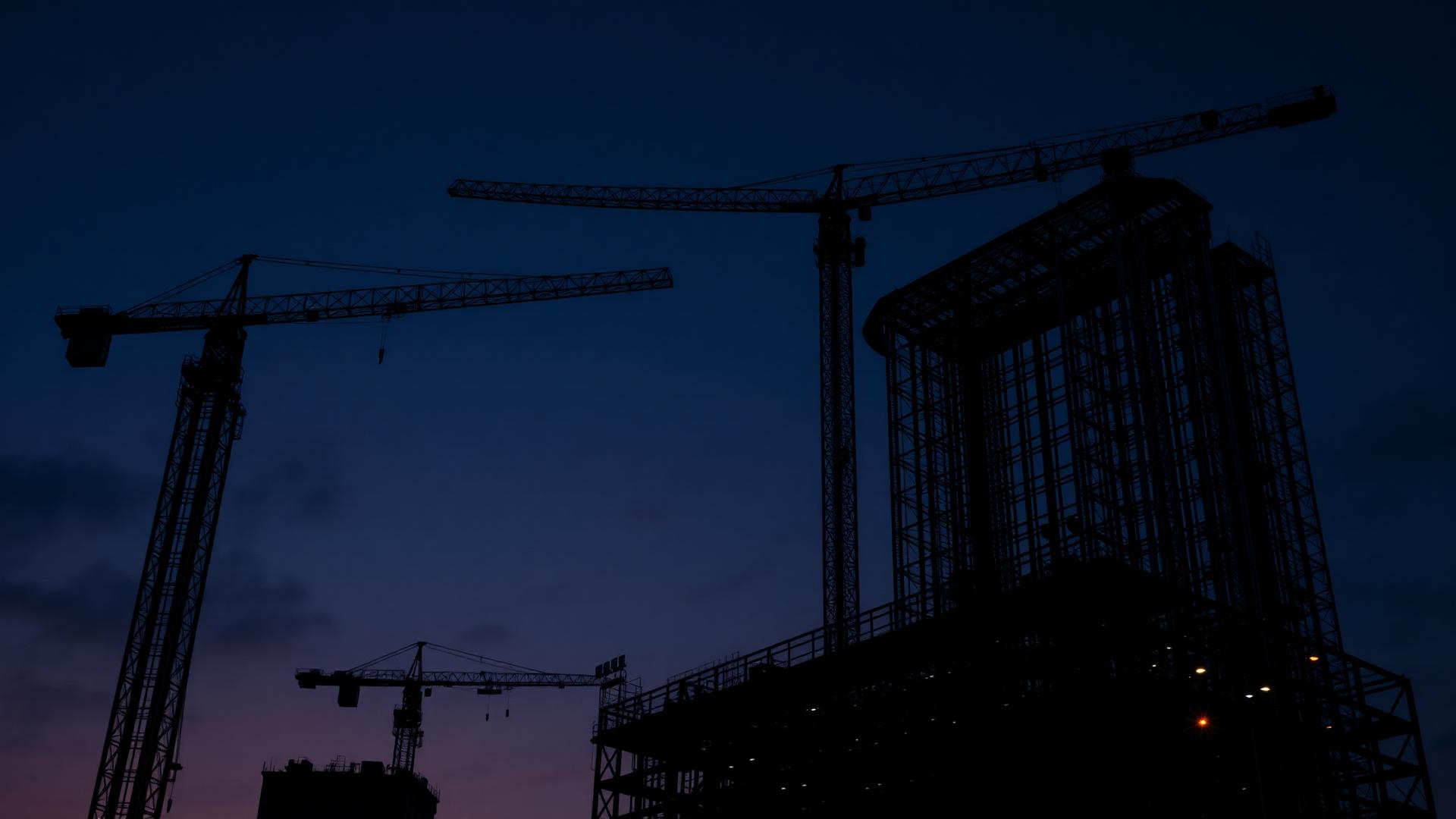 Commercial skyscraper construction site at twilight with tower cranes and structural steel
